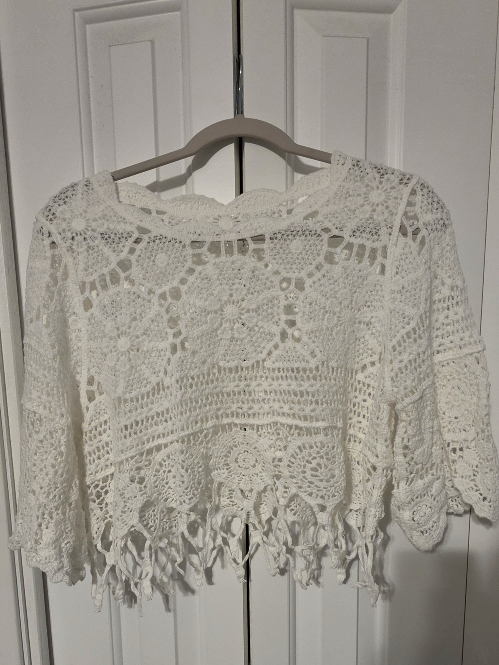 White Crochet Fringe Crop Top - Boho Summer Knit